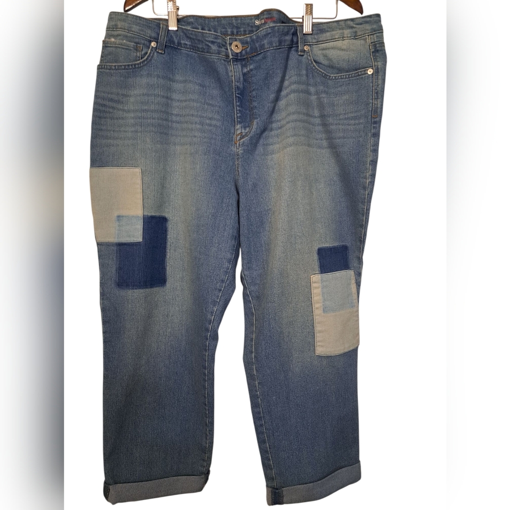 Style & Co. Blue and Cream Boyfriend Jeans with Patchwork 24W